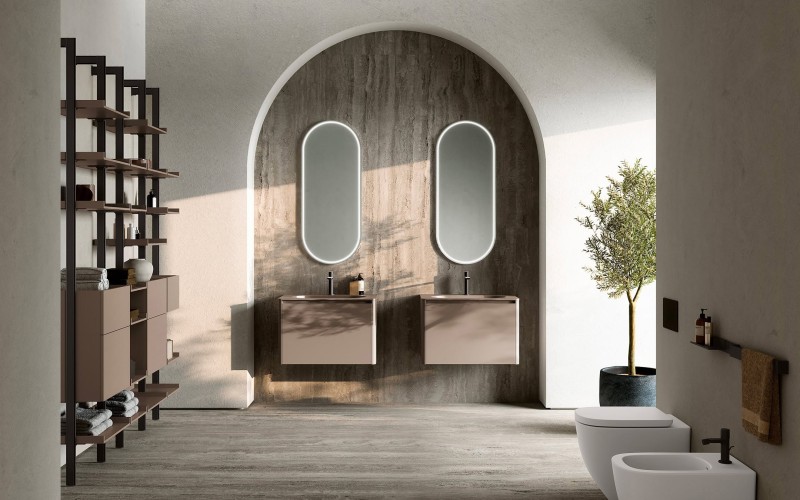 Bagni Archeda sospesi in Cappuccino opaco con specchi Pill ovali a LED